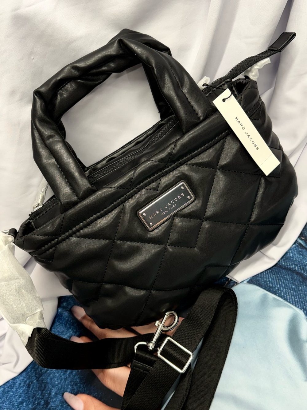 (new+tag) Marc Jacobs Black Quilted Leather Shoulder Xbody Bag with Logo Plaque
